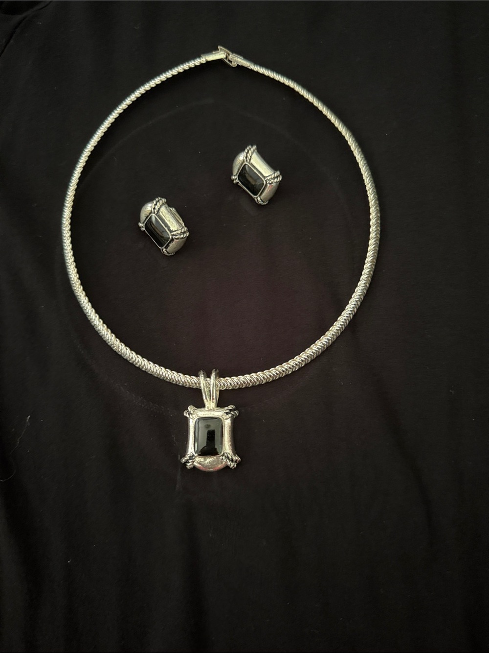 Silver-Tone Choker w/ Necklace and Clip Earring Set with Black Stone Pendant